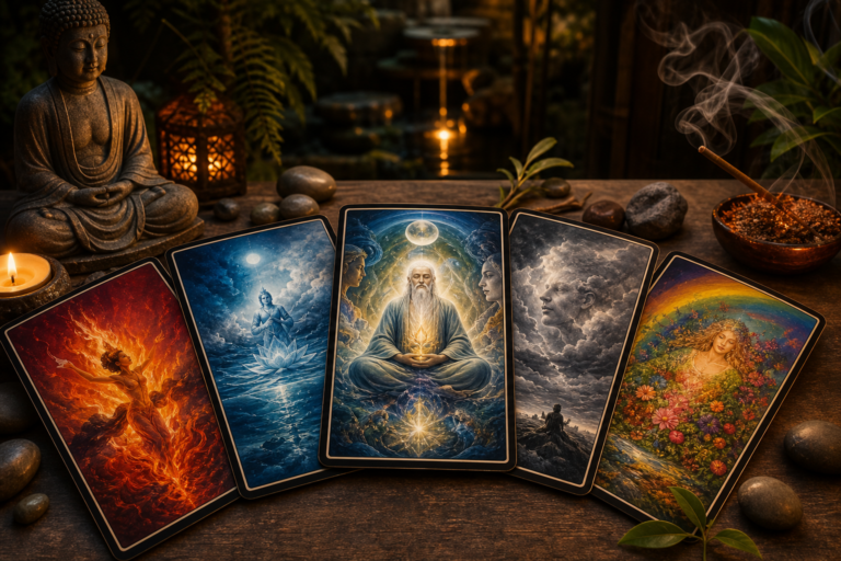 Cinco cartas de tarot con elementos de fuego, agua, aire, tierra y una figura meditativa central, en un ambiente zen con Buda, velas e incienso