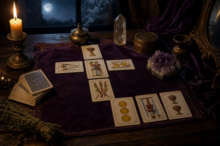 Mesa de tarot con cartas repartidas, vela encendida, incienso, cristales y una baraja sobre terciopelo morado