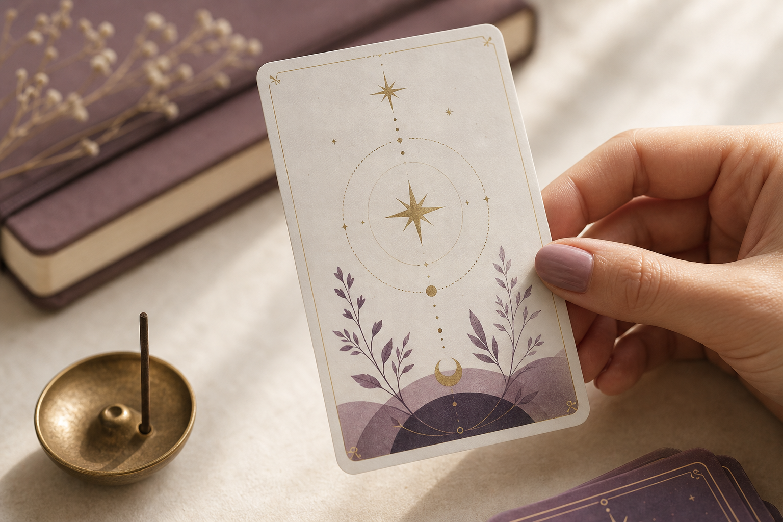 Mano sosteniendo una carta de tarot, práctica del pull diario
