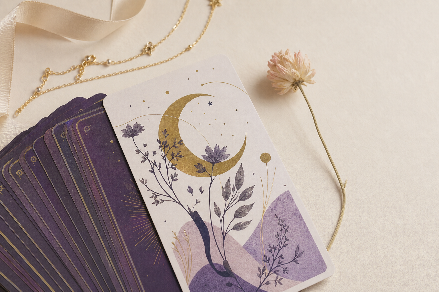 Bodegón moderno de cartas de tarot en abanico con una flor seca y detalles dorados