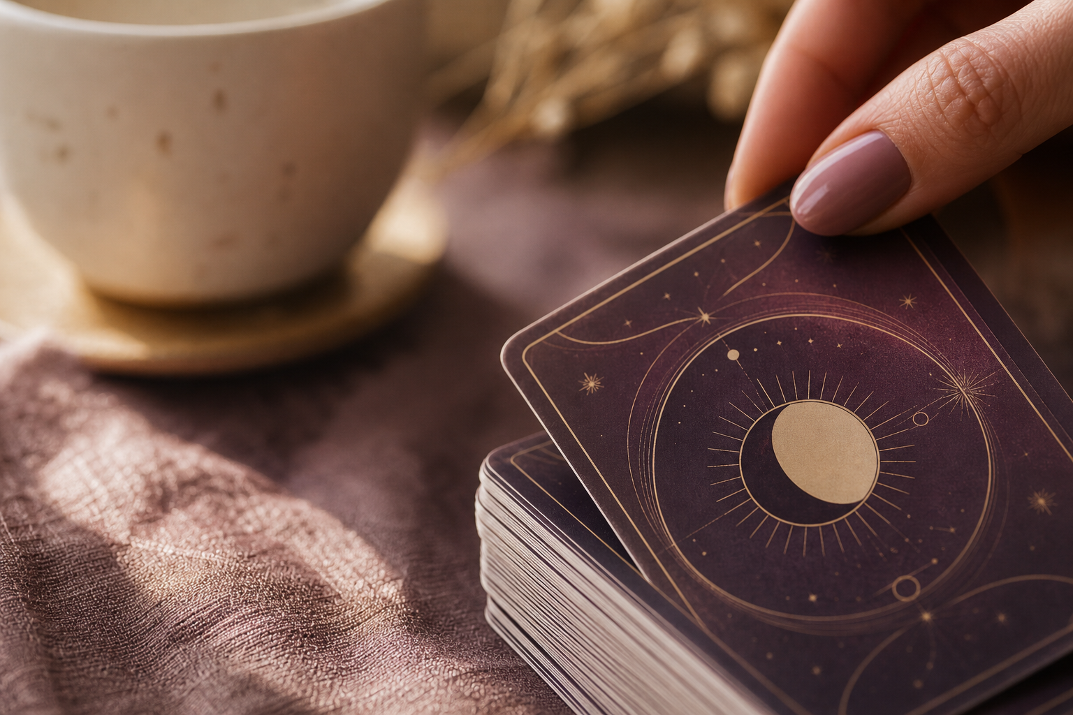Primer plano de una carta de tarot saliendo de una baraja con luz cálida