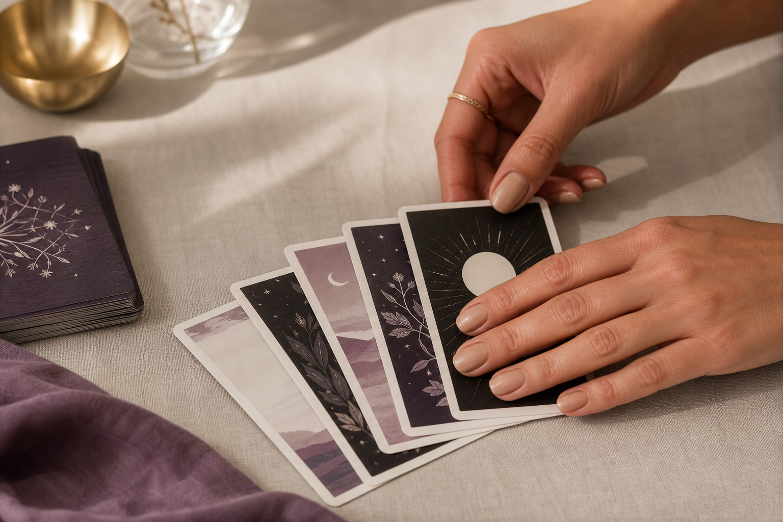 Manos sosteniendo cartas de tarot durante una lectura intuitiva