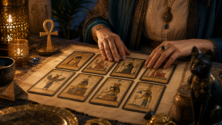 Tarot egipcio extendido sobre una mesa ritual con simbolos dorados y luz de velas