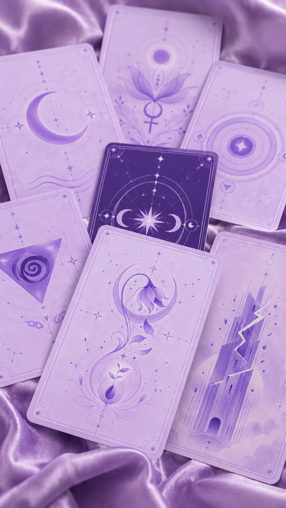 Cartas de tarot lilas sobre tela satinada