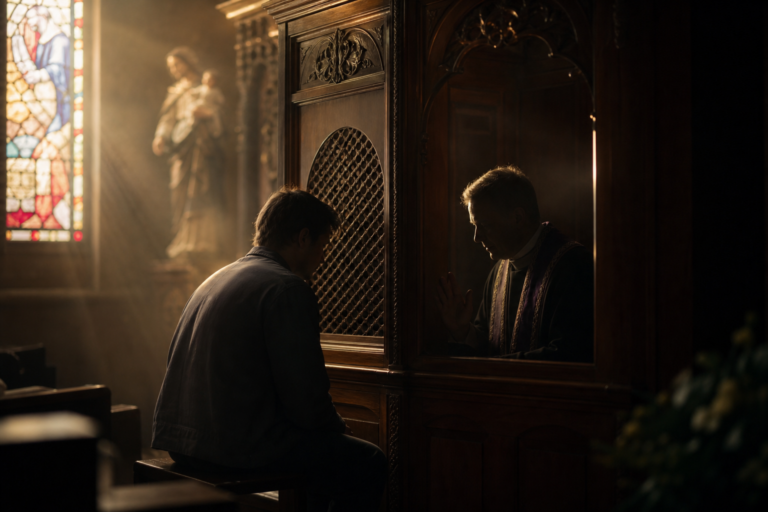 Un hombre se confiesa en un confesionario de una iglesia, con un sacerdote al otro lado de la rejilla