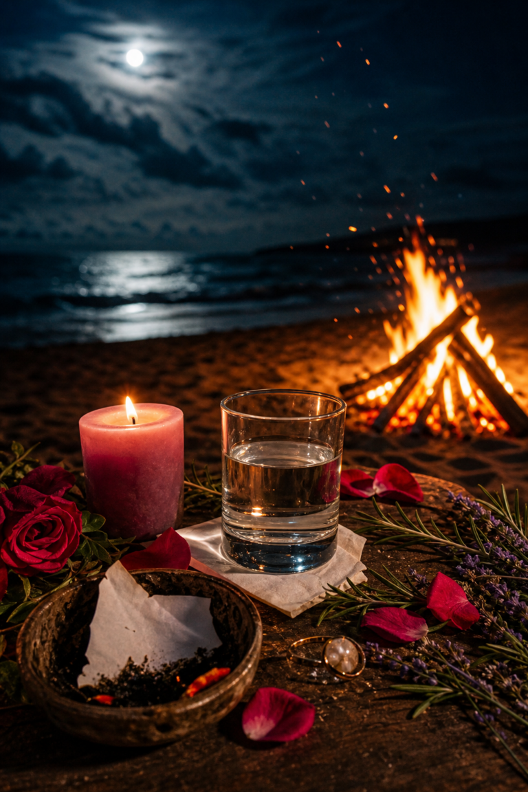 Velas, rosas y un anillo junto a una hoguera en la playa bajo la luna