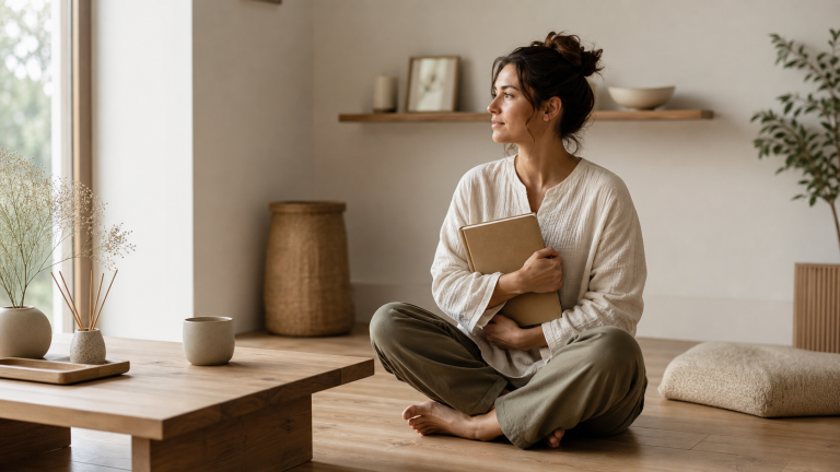 Mujer reflexionando en casa con un cuaderno y luz suave
