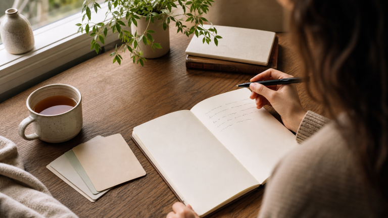 Escritorio sereno con diario abierto y mano preparada para escribir