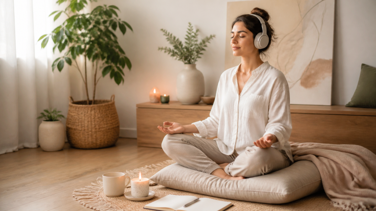 Rincón de meditación con auriculares y luz suave