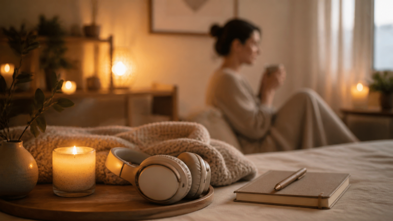 Auriculares junto a una vela y un rincón de calma al atardecer