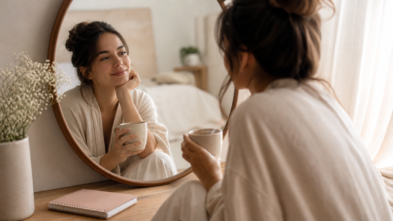 Mujer mirándose con calma en el espejo con luz suave de mañana