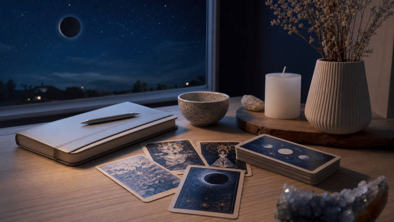 Ritual de luna nueva con cartas, vela y cuaderno