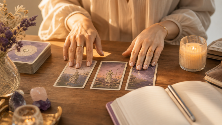 Mesa con cartas y cuaderno para formular preguntas claras al tarot