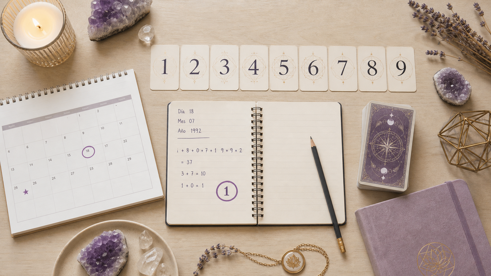 Cuaderno con calendario y números para calcular el año personal en numerología