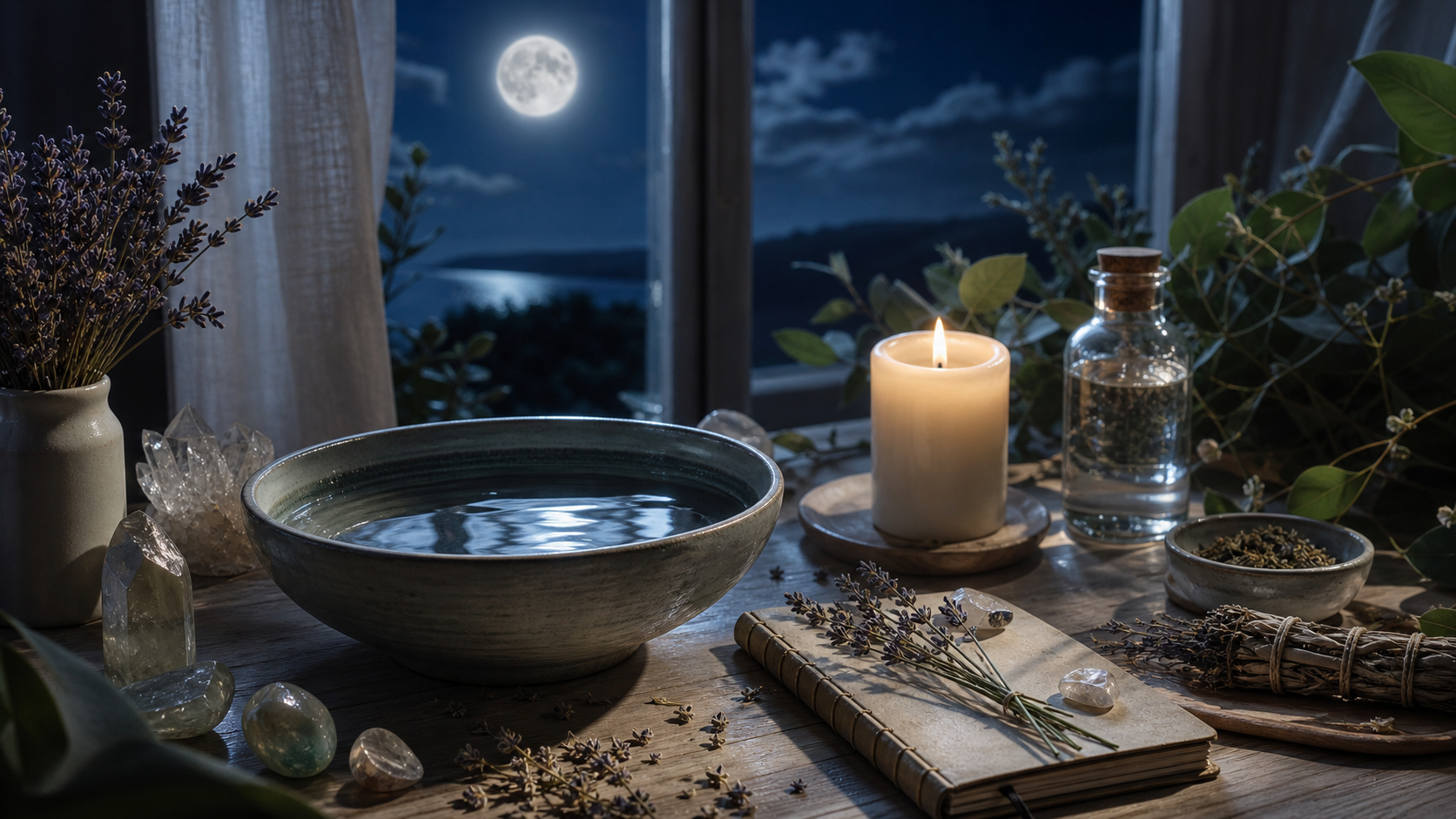 Ritual de luna llena con vela, agua y cuaderno para limpieza energética