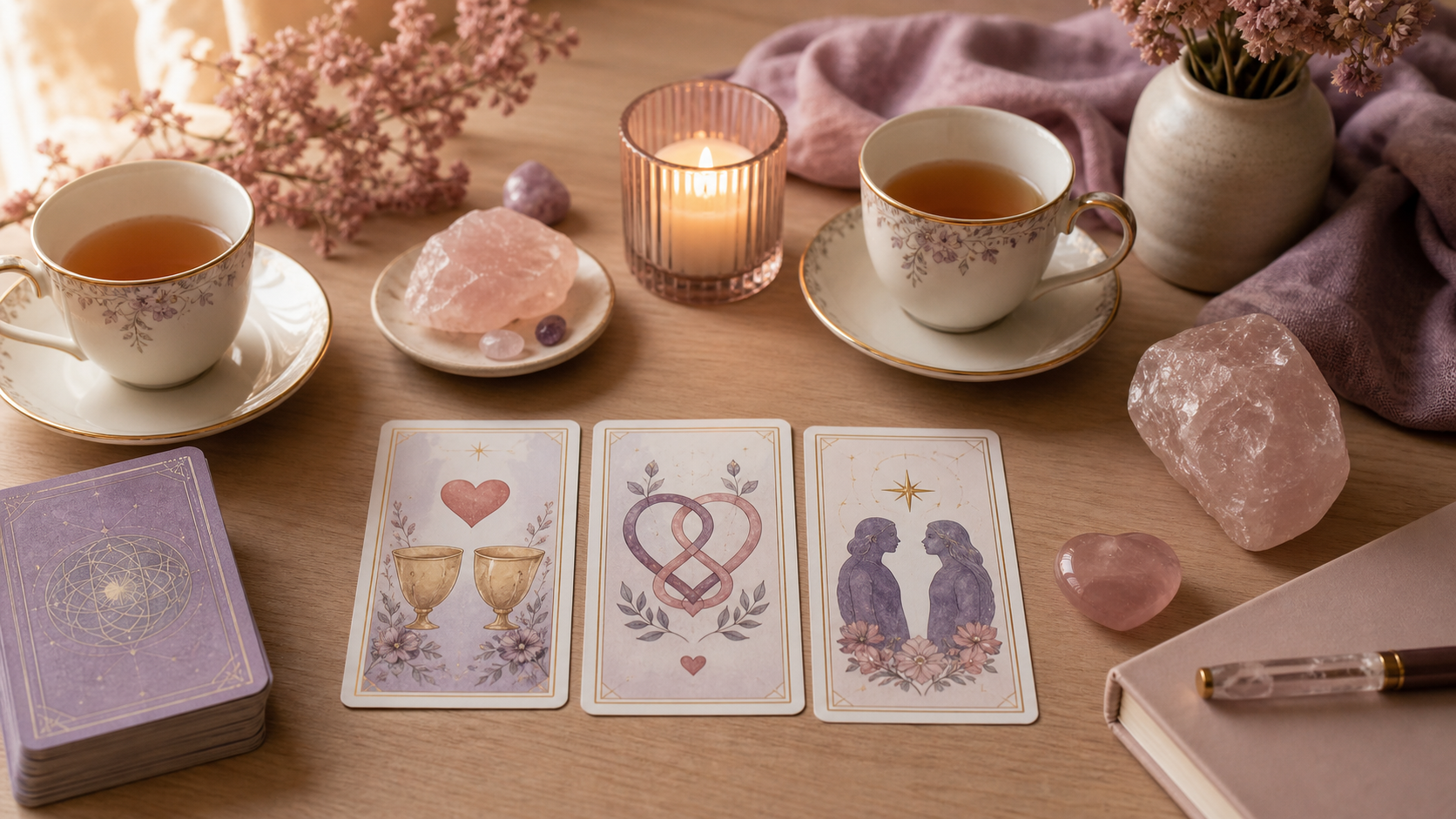 Mesa con tarot y cuarzo rosa para una lectura de amor y relaciones